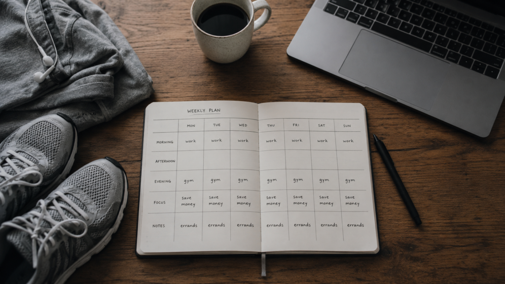A weekly planner showing repeated work, gym, errands, and saving routines